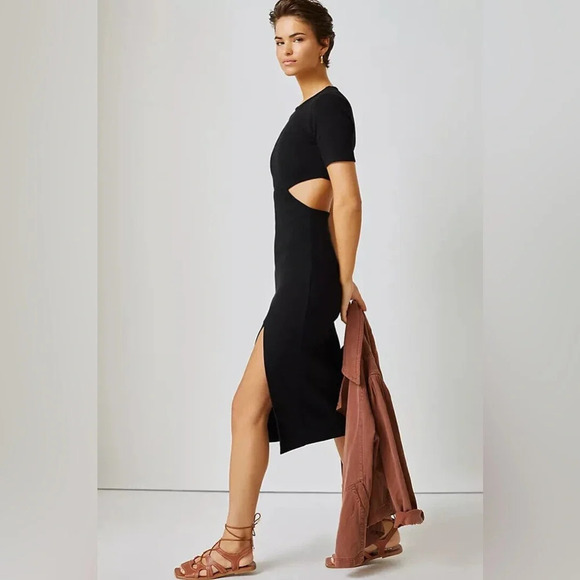 NWT ANTHROPOLOGIE Bordeaux Cutout A-Line Midi Dress black RIBBED - Picture 1 of 4